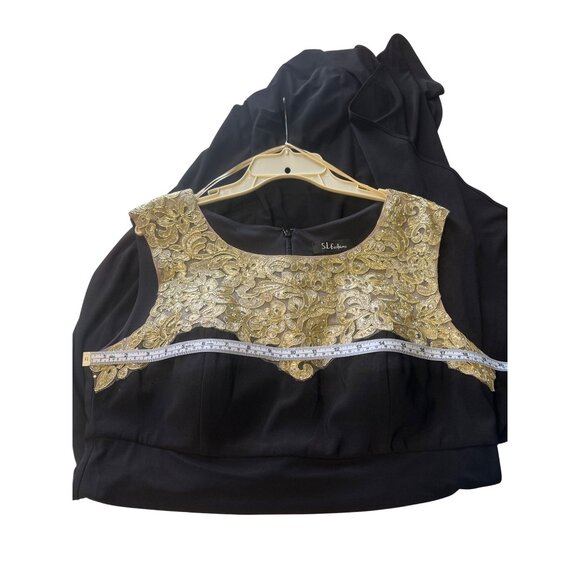 Elegant SL Fashions Black Maxi Dress With Gold Embellished Lace Bodice & Draped - Picture 7 of 8